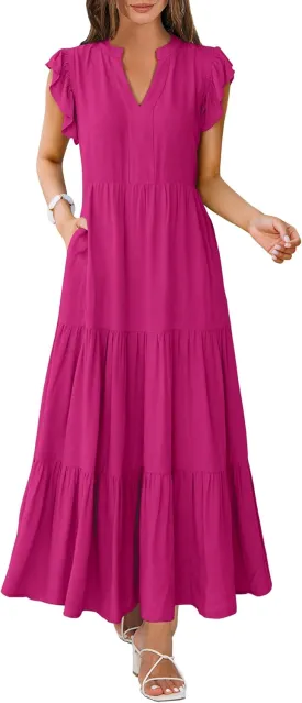 Womens Summer Casual Maxi Dress V Neck Ruffle Sleeve Sundress Fashion Flowy Tiered Boho Beach Vacation Long Dresses