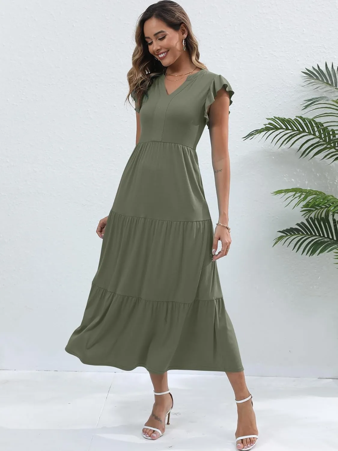 Womens Summer Casual Maxi Dress V Neck Ruffle Sleeve Sundress Fashion Flowy Tiered Boho Beach Vacation Long Dresses
