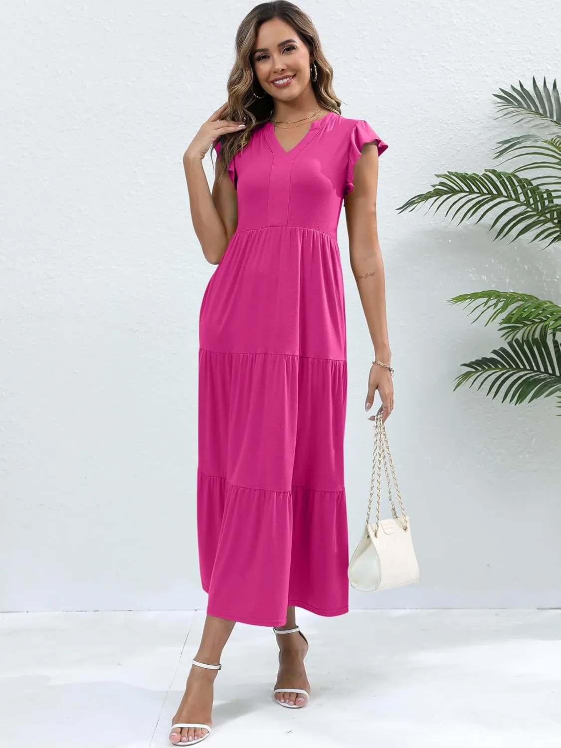 Womens Summer Casual Maxi Dress V Neck Ruffle Sleeve Sundress Fashion Flowy Tiered Boho Beach Vacation Long Dresses