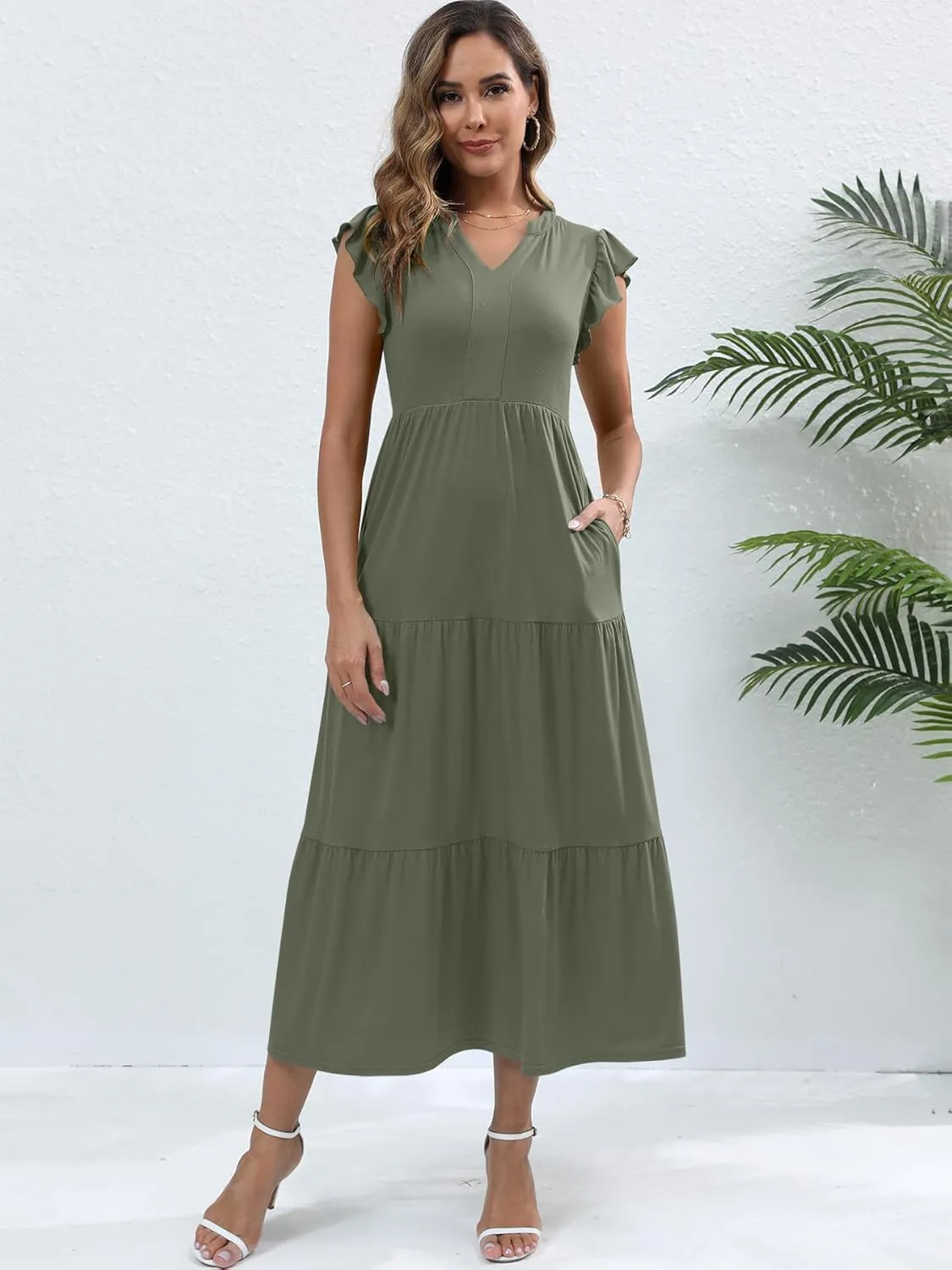 Womens Summer Casual Maxi Dress V Neck Ruffle Sleeve Sundress Fashion Flowy Tiered Boho Beach Vacation Long Dresses