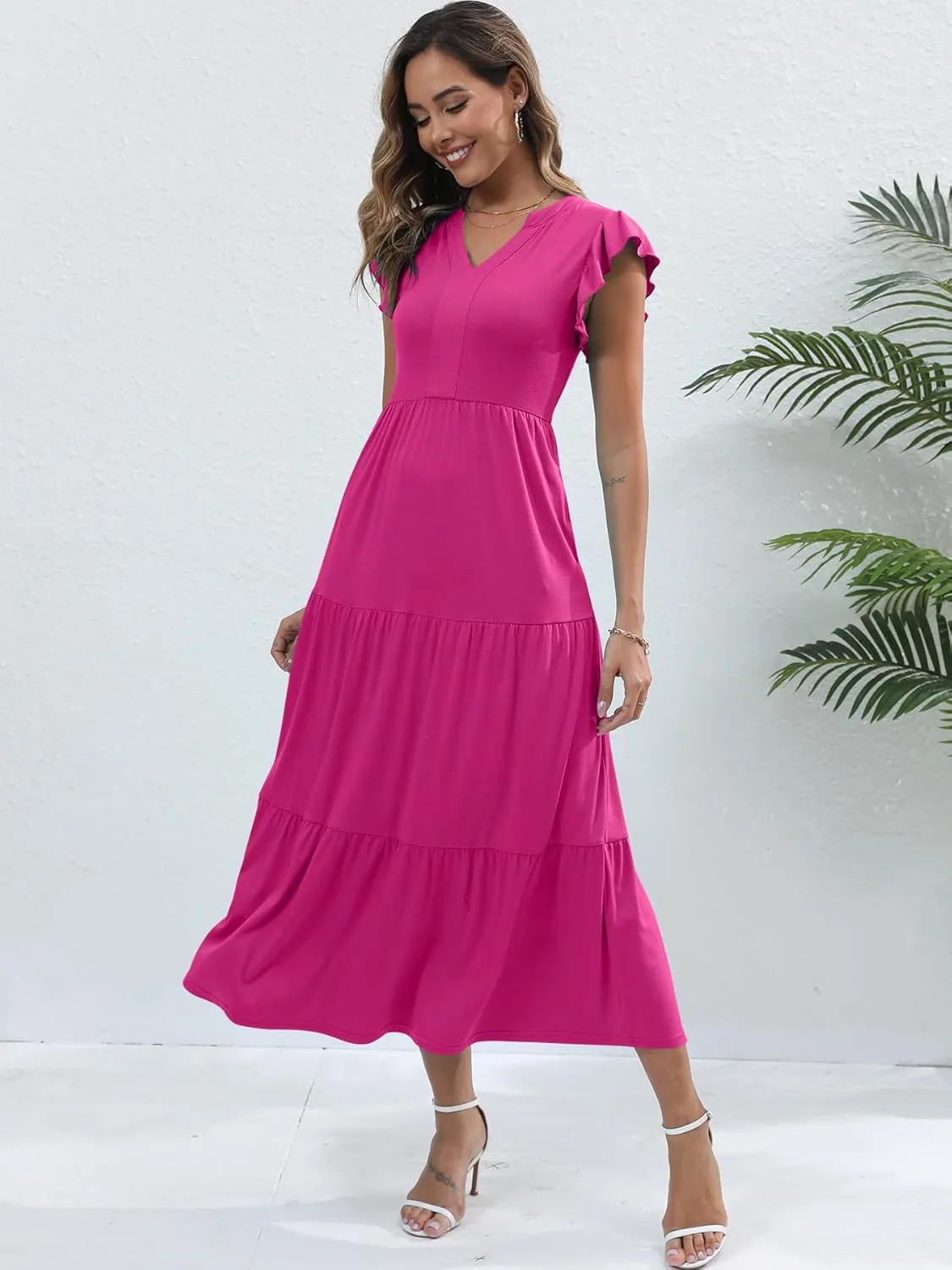 Womens Summer Casual Maxi Dress V Neck Ruffle Sleeve Sundress Fashion Flowy Tiered Boho Beach Vacation Long Dresses
