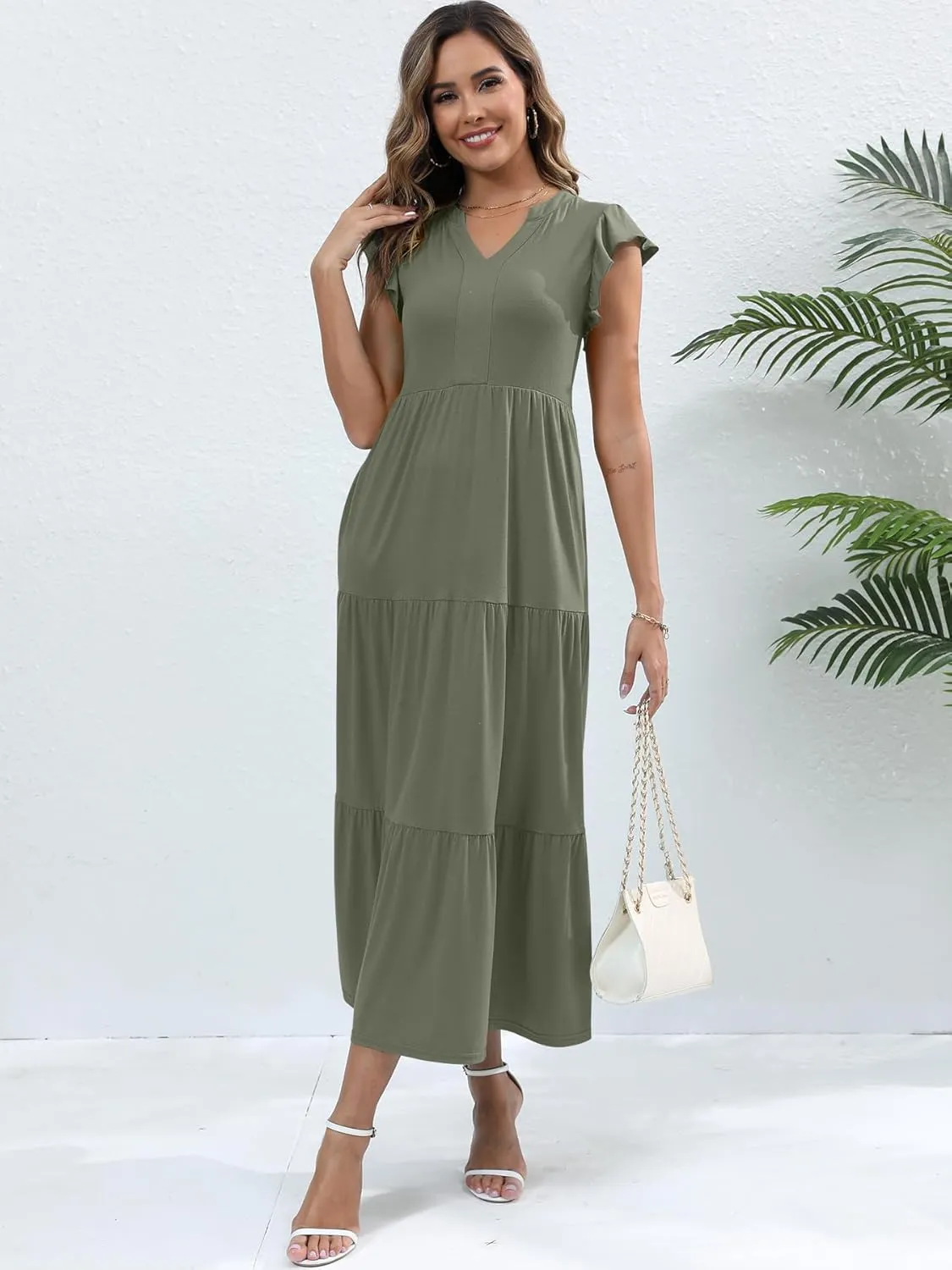 Womens Summer Casual Maxi Dress V Neck Ruffle Sleeve Sundress Fashion Flowy Tiered Boho Beach Vacation Long Dresses