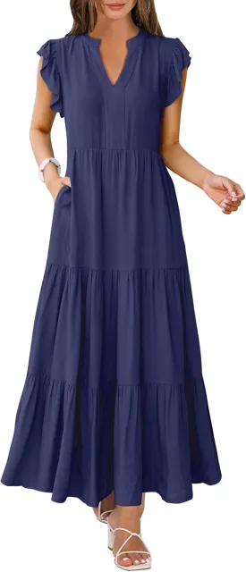 Womens Summer Casual Maxi Dress V Neck Ruffle Sleeve Sundress Fashion Flowy Tiered Boho Beach Vacation Long Dresses