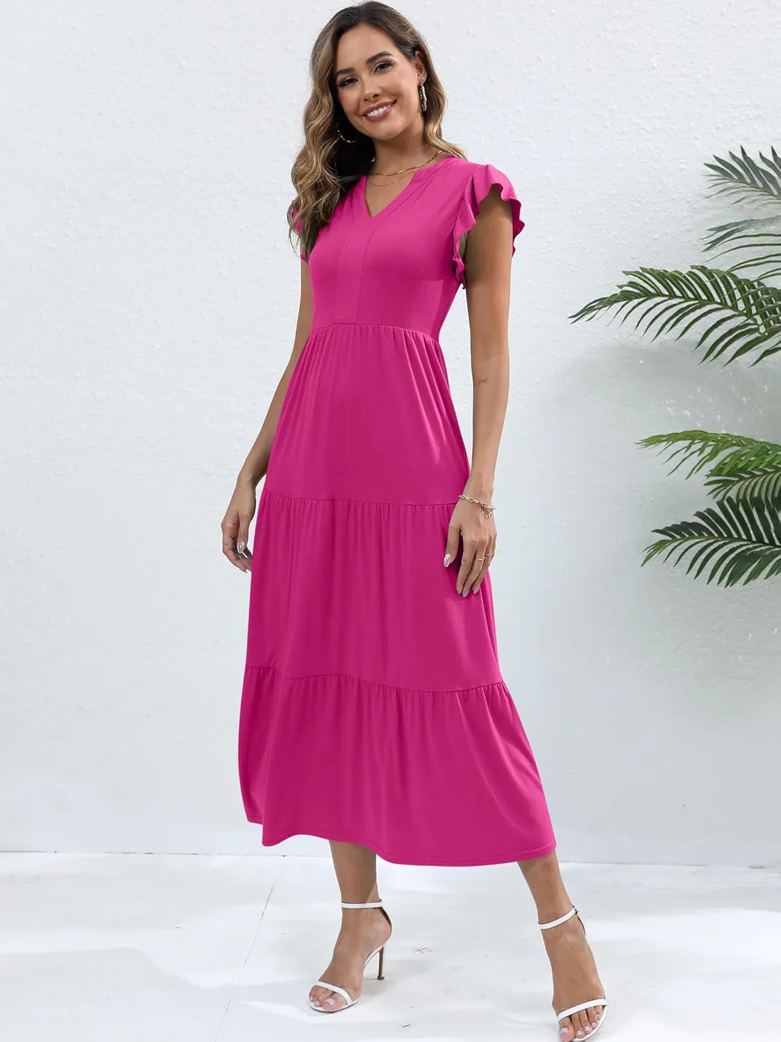 Womens Summer Casual Maxi Dress V Neck Ruffle Sleeve Sundress Fashion Flowy Tiered Boho Beach Vacation Long Dresses