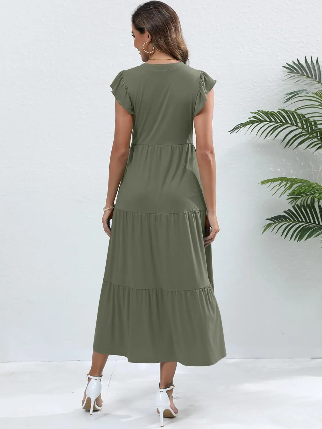 Womens Summer Casual Maxi Dress V Neck Ruffle Sleeve Sundress Fashion Flowy Tiered Boho Beach Vacation Long Dresses