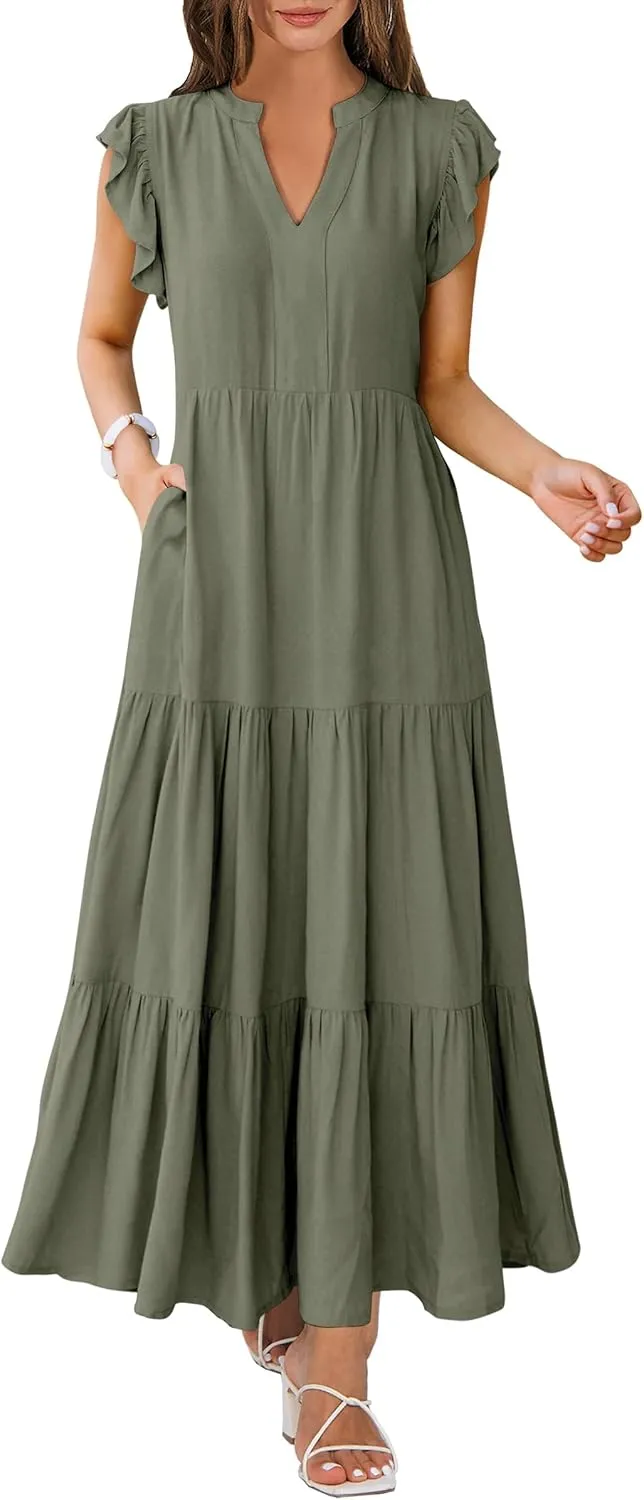Womens Summer Casual Maxi Dress V Neck Ruffle Sleeve Sundress Fashion Flowy Tiered Boho Beach Vacation Long Dresses