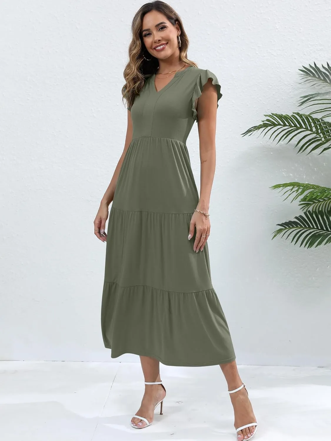 Womens Summer Casual Maxi Dress V Neck Ruffle Sleeve Sundress Fashion Flowy Tiered Boho Beach Vacation Long Dresses