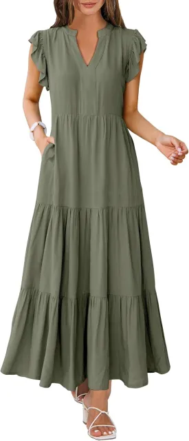 Womens Summer Casual Maxi Dress V Neck Ruffle Sleeve Sundress Fashion Flowy Tiered Boho Beach Vacation Long Dresses