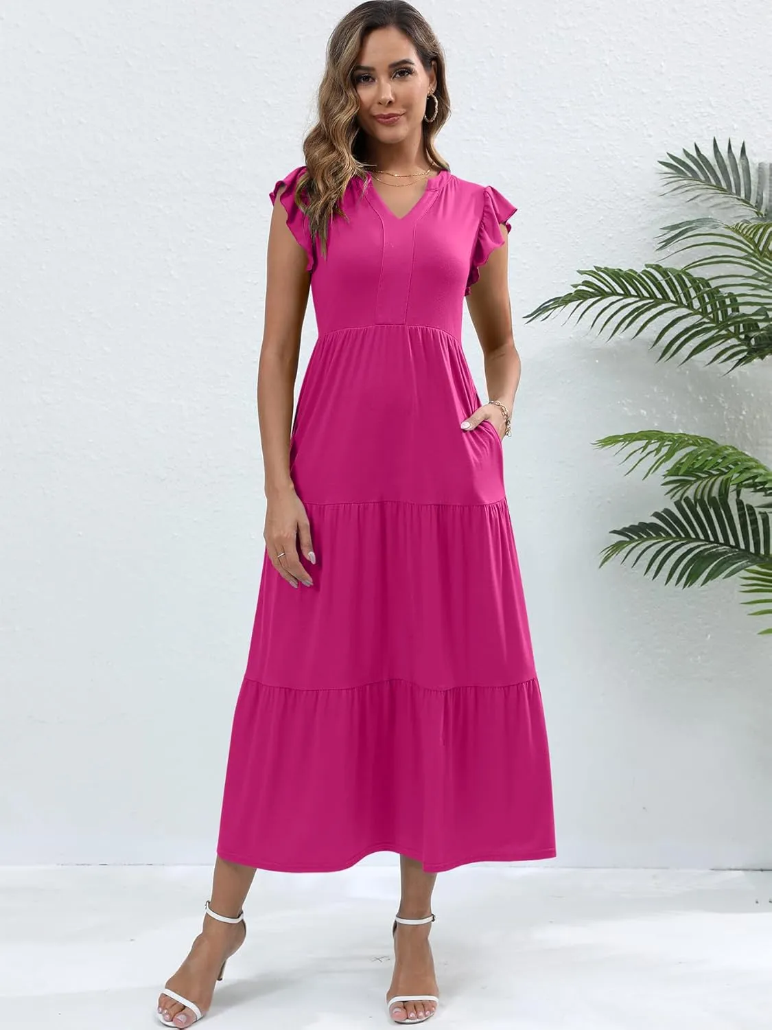 Womens Summer Casual Maxi Dress V Neck Ruffle Sleeve Sundress Fashion Flowy Tiered Boho Beach Vacation Long Dresses