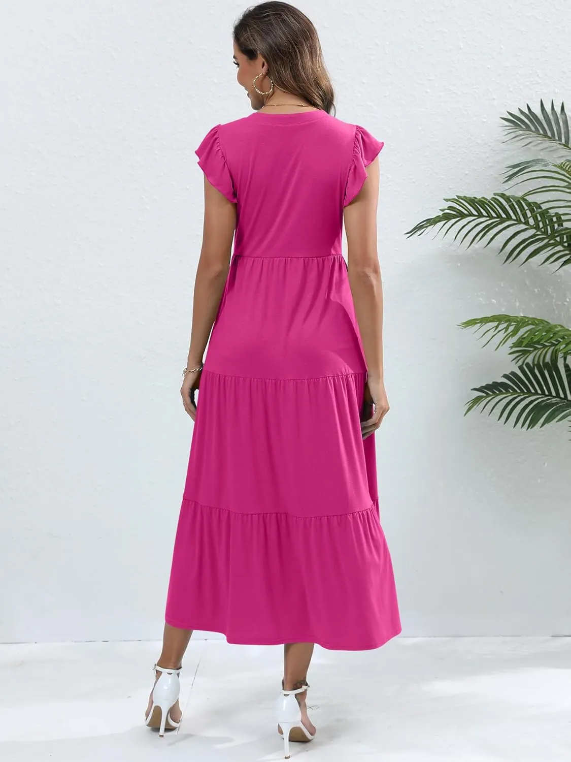 Womens Summer Casual Maxi Dress V Neck Ruffle Sleeve Sundress Fashion Flowy Tiered Boho Beach Vacation Long Dresses