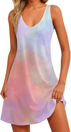 Women's Summer Dresses Casual Beach Swimsuit Coverup V Neck Sleeveless Dress with Pocket 2025 Printed Sundress