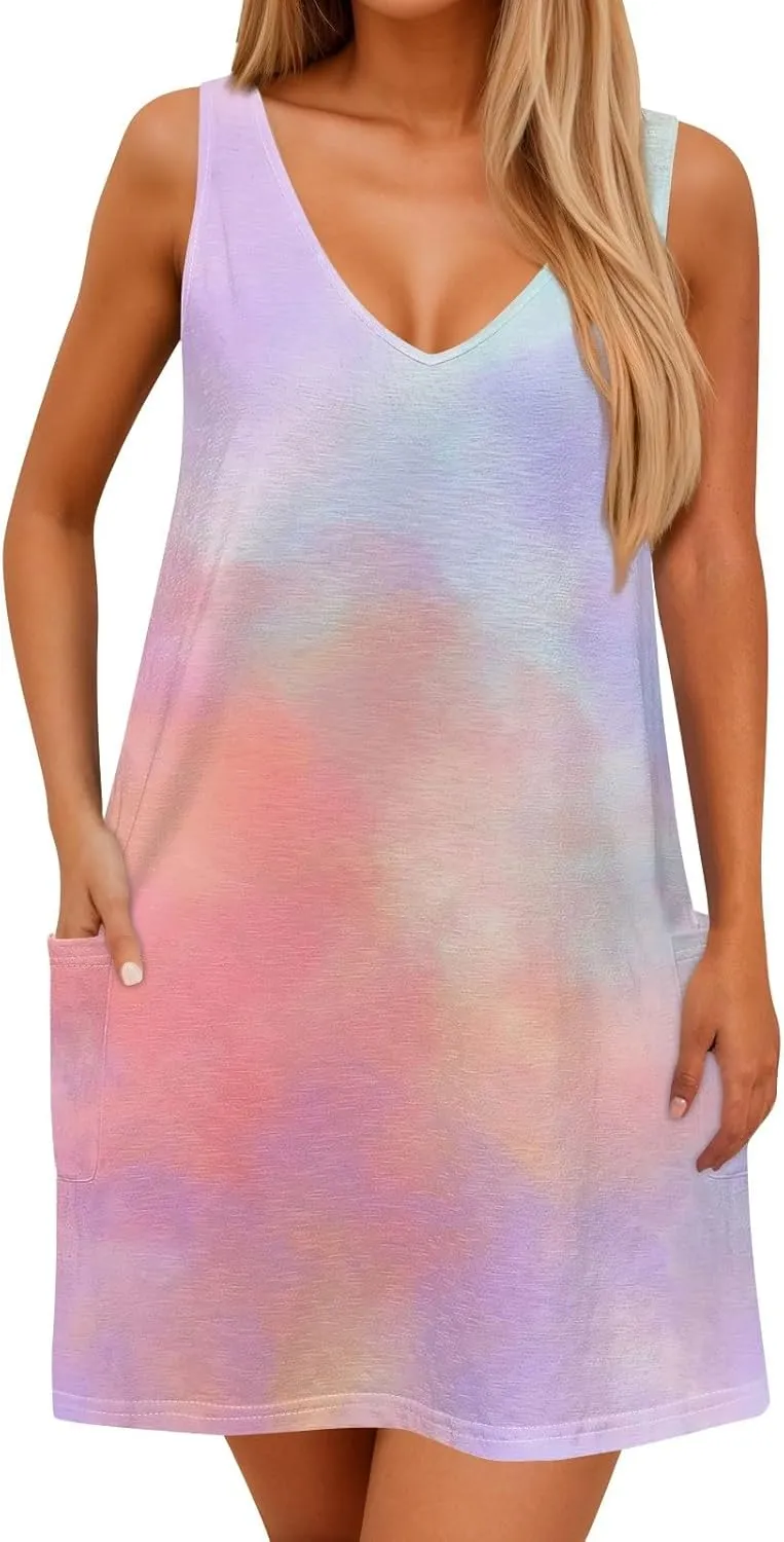 Women's Summer Dresses Casual Beach Swimsuit Coverup V Neck Sleeveless Dress with Pocket 2025 Printed Sundress