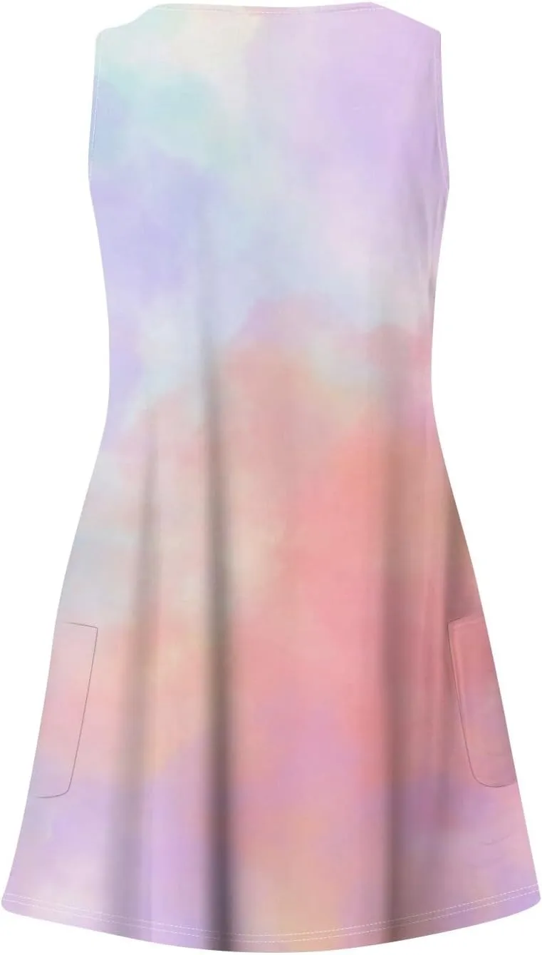 Women's Summer Dresses Casual Beach Swimsuit Coverup V Neck Sleeveless Dress with Pocket 2025 Printed Sundress
