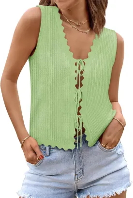Womens Tie Front Tops Trendy 2025 Summer V Neck Sleeveless Sweater Vests Fashion Cute Crochet Knit Tops