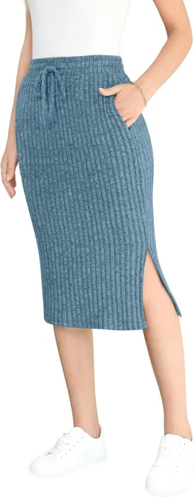 Yincro Women's High Waisted Fall Winter Midi Skirt with Pockets