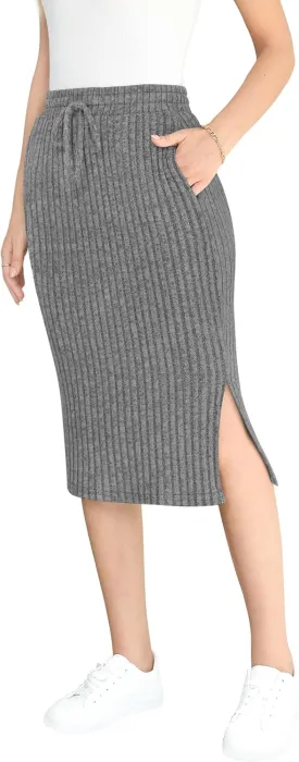 Yincro Women's High Waisted Fall Winter Midi Skirt with Pockets