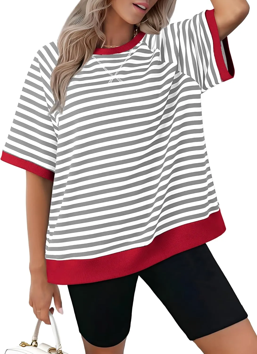 Zeagoo Women Striped T Shirts Oversized Crewneck Short Sleeve Tops Summer Casual Blouse Color Block Basic Tee S-XXL