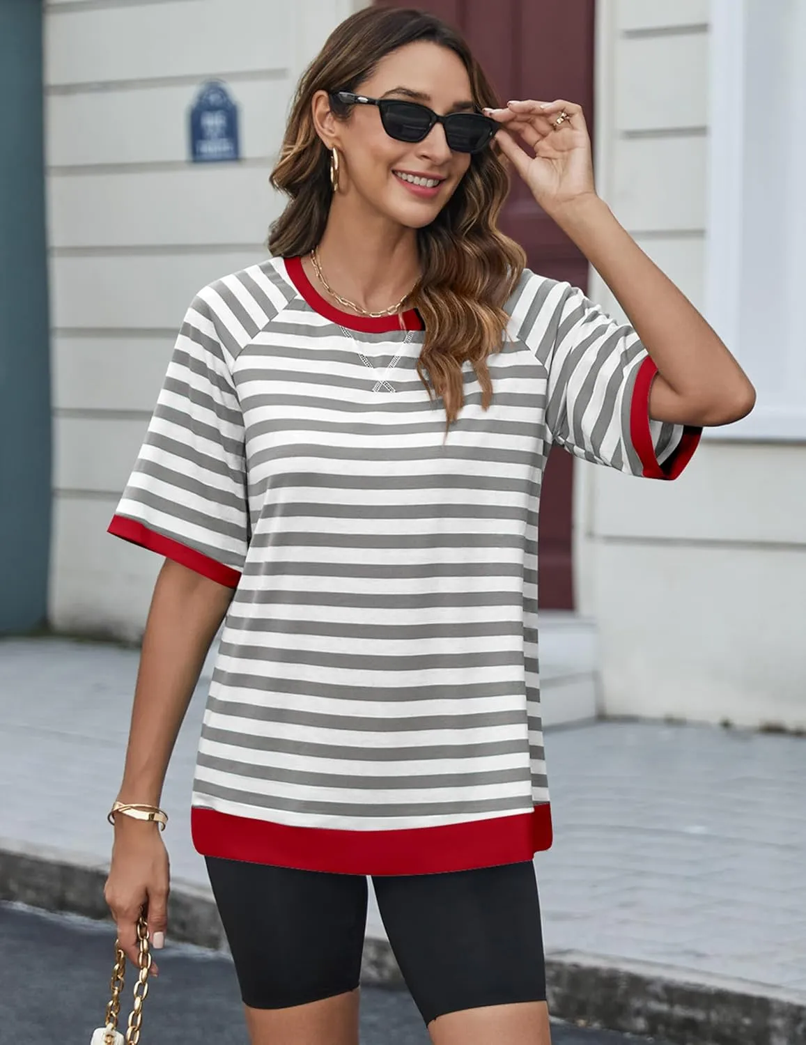 Zeagoo Women Striped T Shirts Oversized Crewneck Short Sleeve Tops Summer Casual Blouse Color Block Basic Tee S-XXL