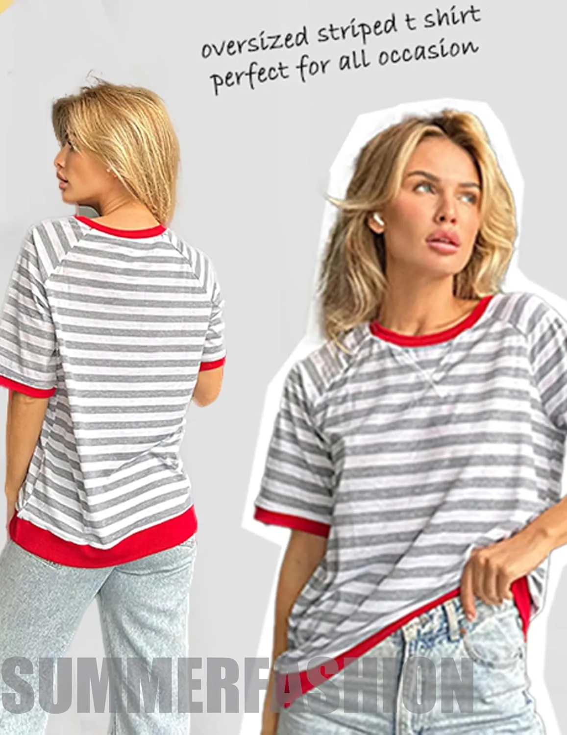 Zeagoo Women Striped T Shirts Oversized Crewneck Short Sleeve Tops Summer Casual Blouse Color Block Basic Tee S-XXL