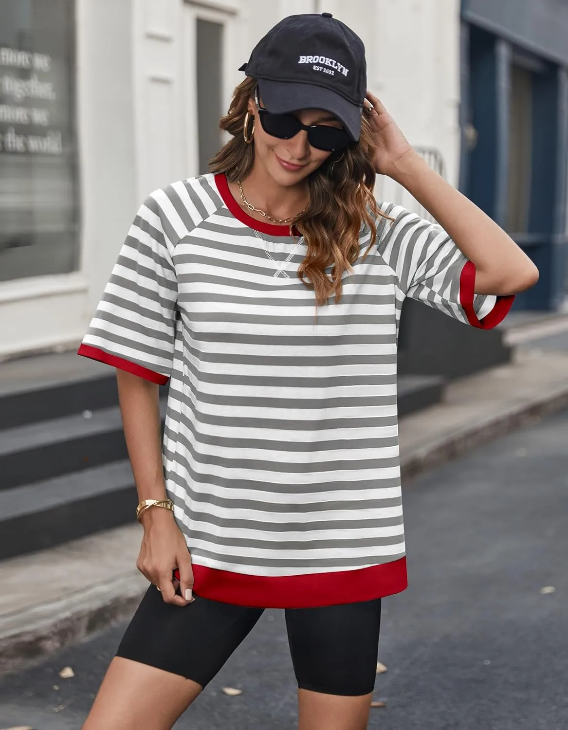 Zeagoo Women Striped T Shirts Oversized Crewneck Short Sleeve Tops Summer Casual Blouse Color Block Basic Tee S-XXL