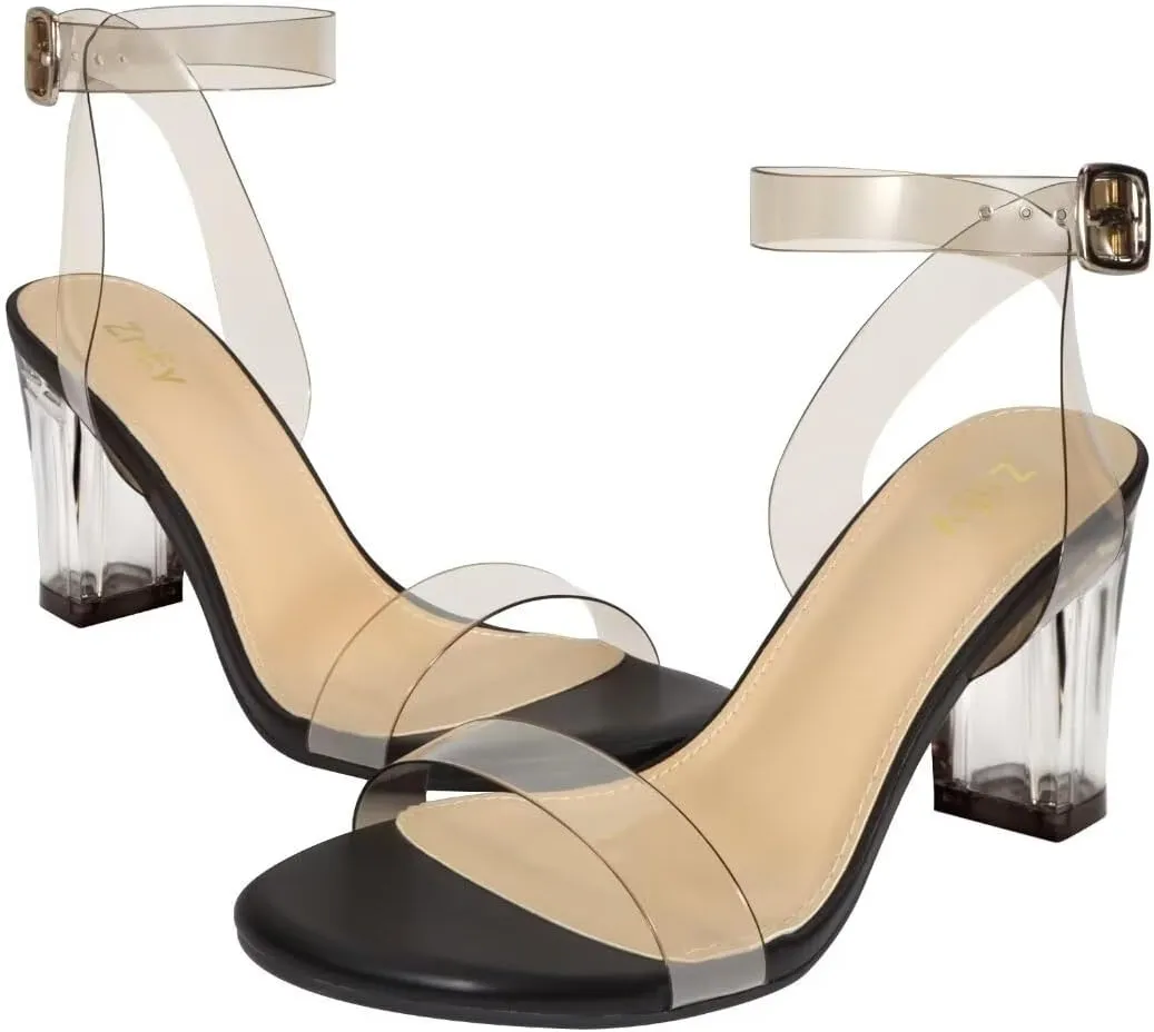 ZriEy Women's Clear Heels Chunky Block Mid High Heeled Sandals Open Toe Transparent Ankle Strap Dress Pump Shoes for Women in Daily Wear Party Wedding