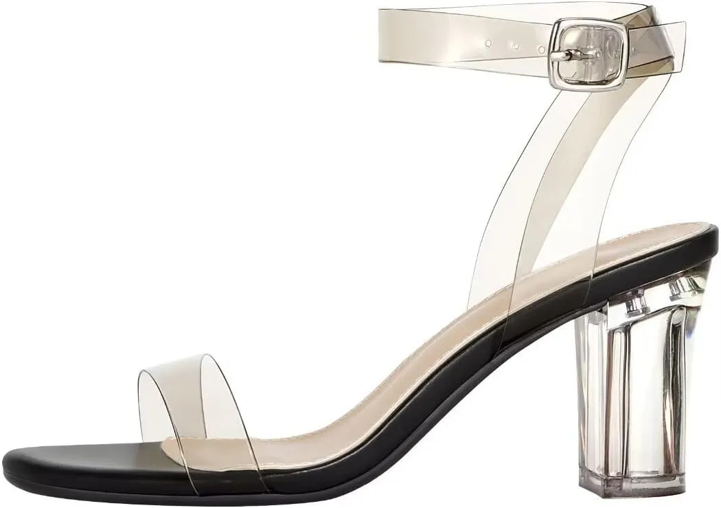 ZriEy Women's Clear Heels Chunky Block Mid High Heeled Sandals Open Toe Transparent Ankle Strap Dress Pump Shoes for Women in Daily Wear Party Wedding