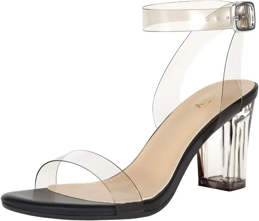 ZriEy Women's Clear Heels Chunky Block Mid High Heeled Sandals Open Toe Transparent Ankle Strap Dress Pump Shoes for Women in Daily Wear Party Wedding