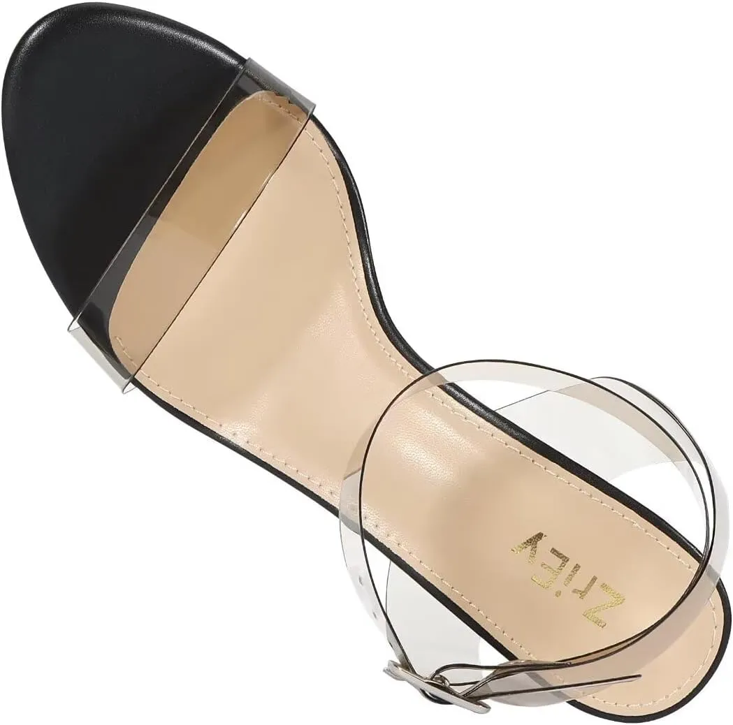 ZriEy Women's Clear Heels Chunky Block Mid High Heeled Sandals Open Toe Transparent Ankle Strap Dress Pump Shoes for Women in Daily Wear Party Wedding